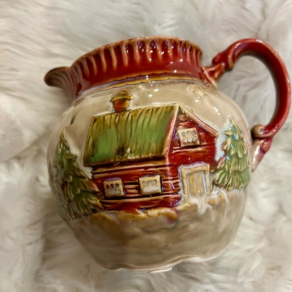 Winter Scene Pitcher with Embossed Log Cabin and Pine Trees Shiny Pottery - Picture 1 of 9